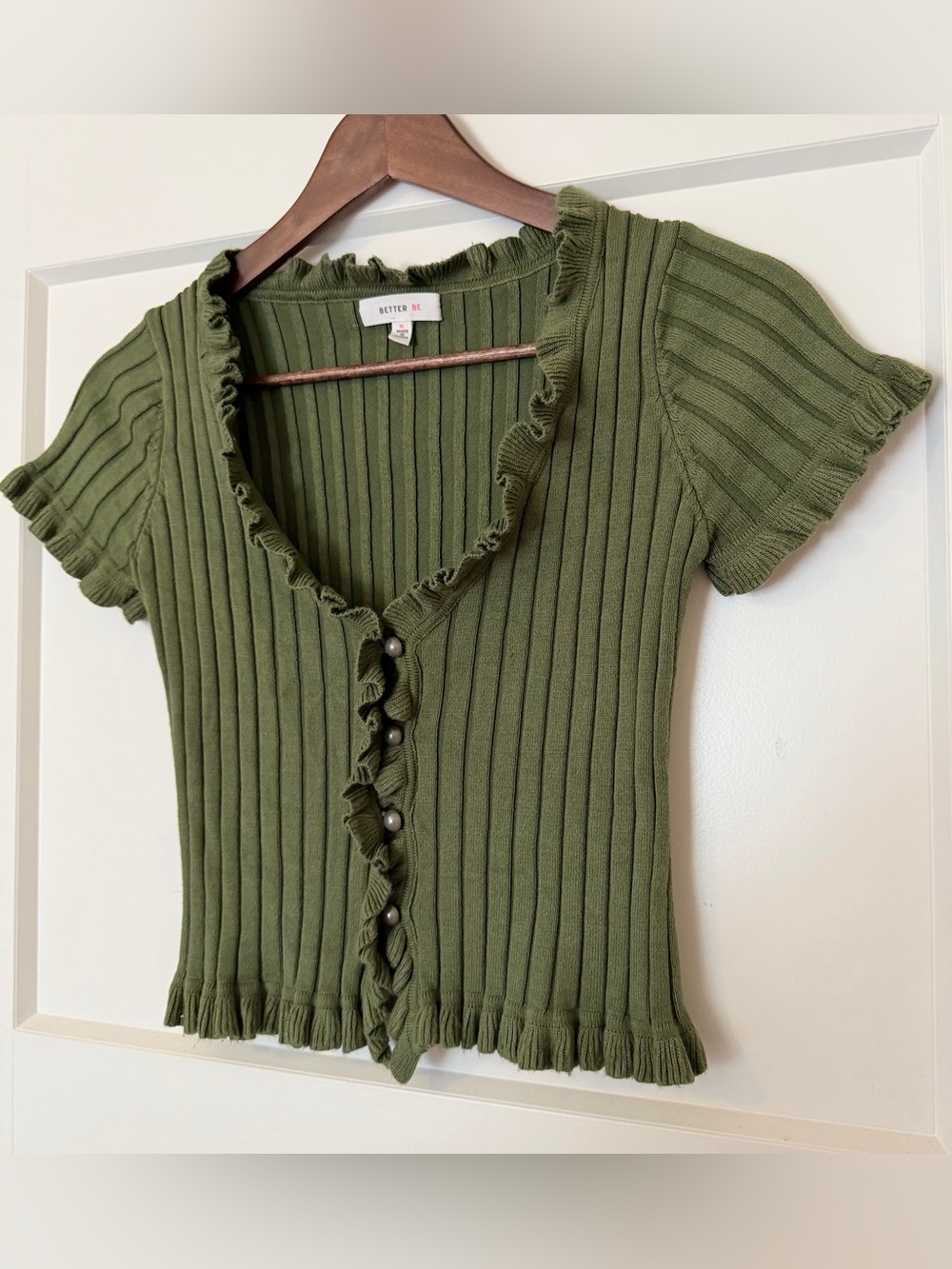 Better Be Olive Green Ruffle-Trim Ribbed Button Cardigan - Picture 4 of 8
